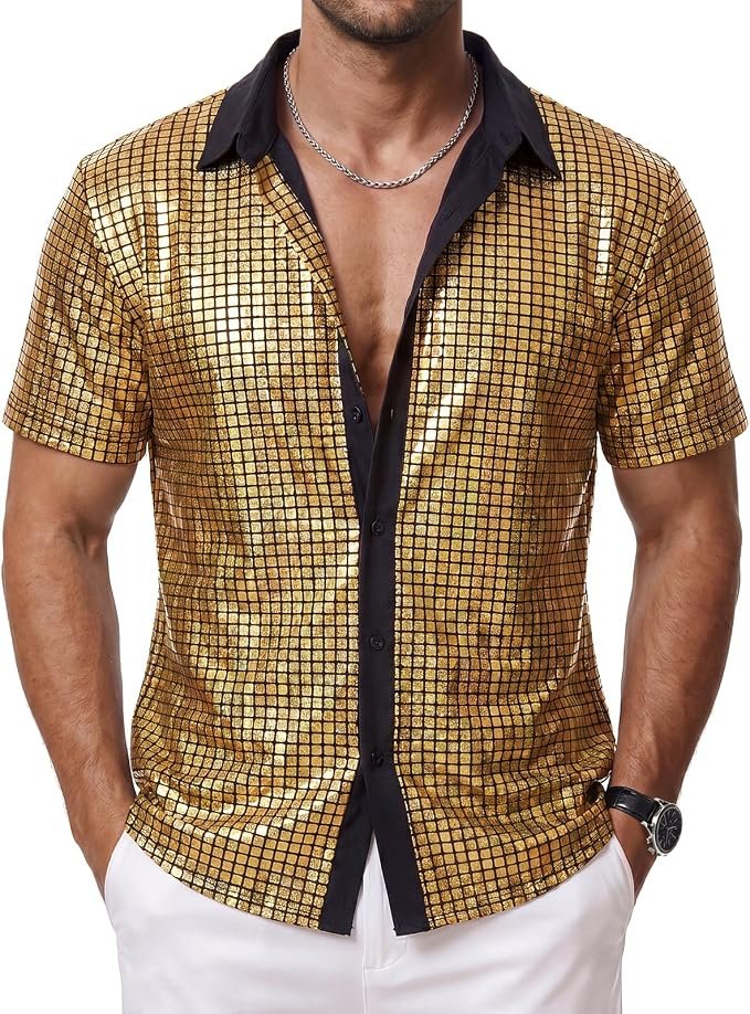 Sequin Shirt 70s Disco Outfit Metallic Shiny Contrast Collar