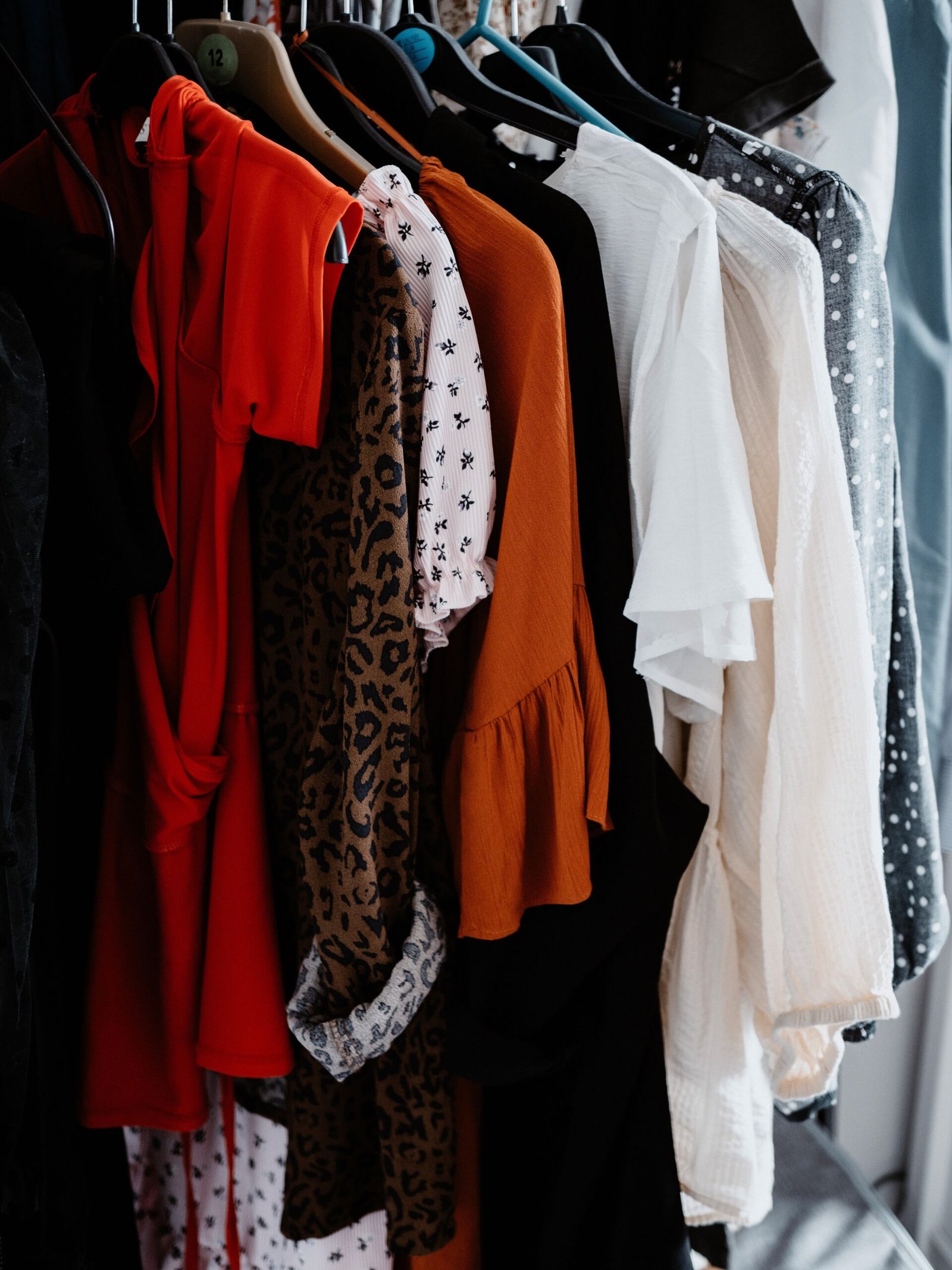 Women's dresses, blouses, and casual clothing hanging on a clothing rack in a fashion boutique.